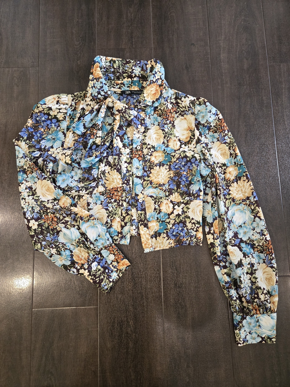 Zara Multi-Color Floral Tie-Neck Cropped Blouse